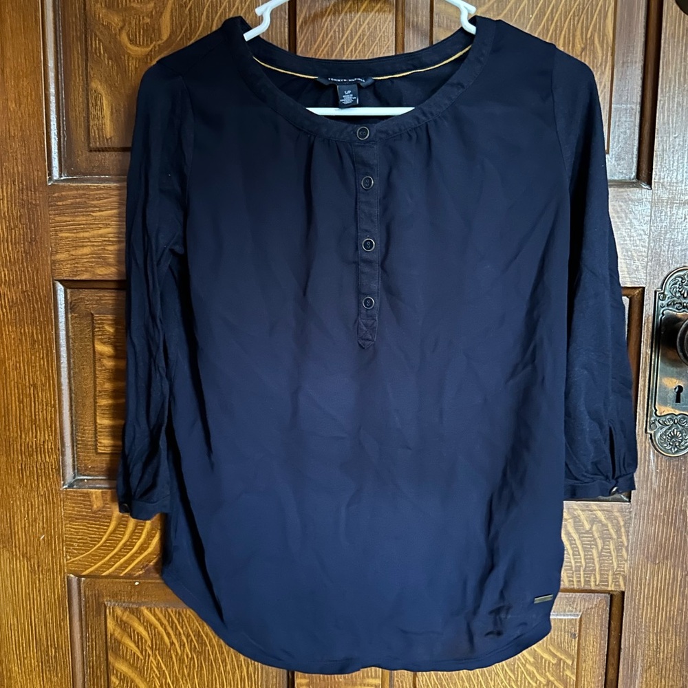 Tommy Hilfiger Navy Round-Neck Button-Front Women's Blouse